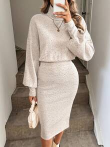 Easowa Women's Casual Solid Color High Neck Split Hem Everyday Knit Dress, Fall/Winter - Apricot - View 3