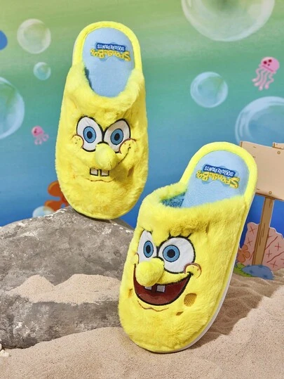 SpongeBob SquarePants | SHEIN Zapatillas de casa cómodas y lindas para mujeres con bordado de dibujos animados, antideslizantes, de felpa suave y cálida para el invierno, con suela duradera, para el hogar, el dormitorio y la sala con aire acondicionado en primavera y otoño, unisex