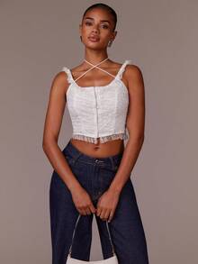 Athîral Kawaii Ballet Style Lace Ruched Lace-Up White Summer Women Tank Top - White - View 1