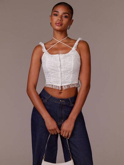 Athîral 可愛いバレエスタイル レース ギャザー レースアップ ホワイト サマー レディース タンクトップ