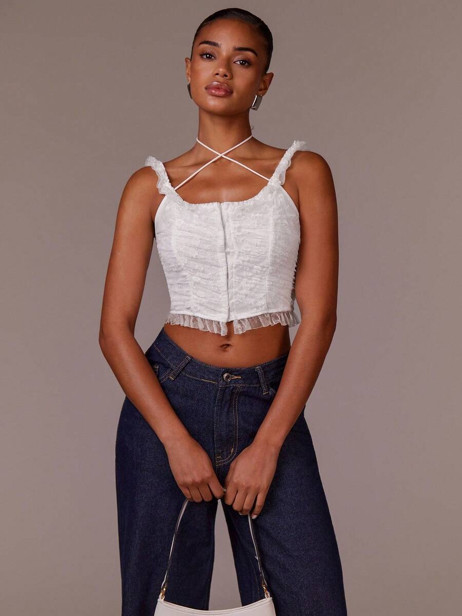 Athîral Kawaii Ballet Style Lace Ruched Lace-Up White Summer Women Tank Top - White - View 1