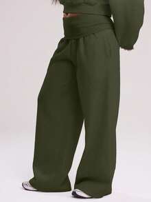 MUSERA 超宽腿翻折腰裤，休闲机场秋季复活节穿搭 - 軍綠色 - 查看 3