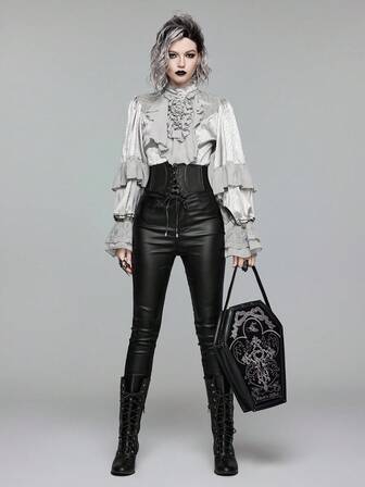 EDITION Women's Vintage Gothic Style Jacquard Patchwork Satin Multi-Layer Lantern Sleeve Blouse
