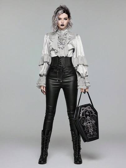 EDITION Women's Vintage Gothic Style Jacquard Patchwork Satin Multi-Layer Lantern Sleeve Blouse