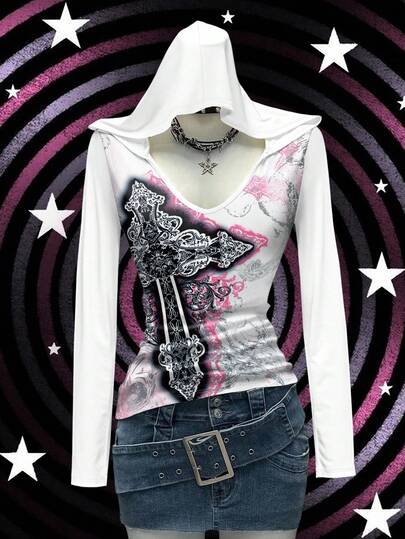 SHEIN ملابس علوية نسائية ذات طبعة جناح صليب غرانج مع قصة ضيقة وكابور، هدية للأخت، موضة Y2K، هدية للعطلات