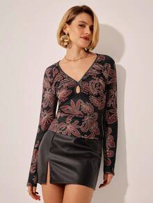 CAJUNI Blusa casual elegante vintage boho con stampa marrone e dettagli traforati a maniche lunghe - Multicolore - Visualizzare 4