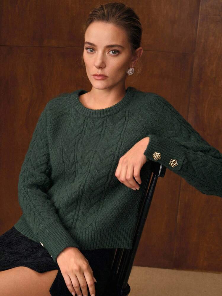 CABLE KNIT SOLID METAL FLORAL DETAIL SWEATER