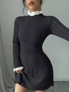 Elenzga 女式立领休闲针织收腰荷叶边下摆连衣裙 - 深灰色 - 查看 7