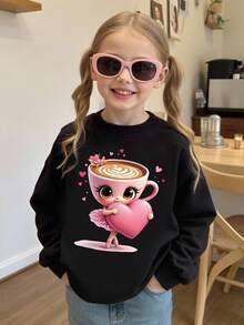 Girls Casual Fashionable Creative Cartoon Cup & Ballerina Girl Heart Graphic Print Crew Neck Sweatshirt, Suitable For Girls, Autumn Outfit Fall Winter Kids Graphic Sweatshirt Girls Black Sweatshirt Girls Long Sleeve Top Girl Sweatshirt Long Sleeve Kids Girls