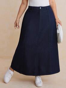Dazy Plus Falda larga de mezclilla blanca holgada y de línea A para tallas grandes, otoño/invierno - Azul lavado oscuro - Ver 6