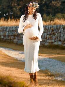 Boho Mama Umstandsmode einfarbiges Rundhals Langarm gestricktes lässiges langes Sweaterkleid - Weiss - Übersicht 3