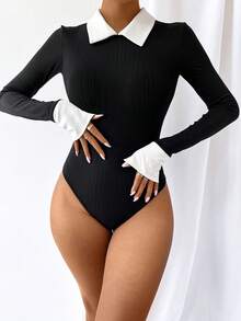 SHEIN LUNE Colourblock Keyhole Back Slim Fit Tee Bodysuit - Black - View 3