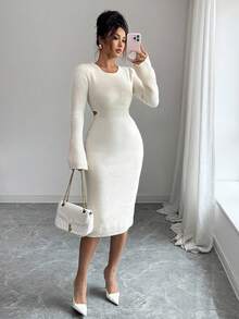 Selianne Women's Hollow Out Waist Bodycon Sweater Dress - Cream - View 6