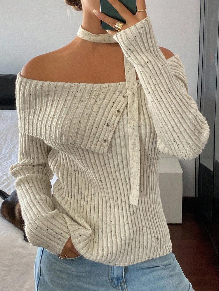 Women's Autumn Collared Fitted Sweater With Tie Detail