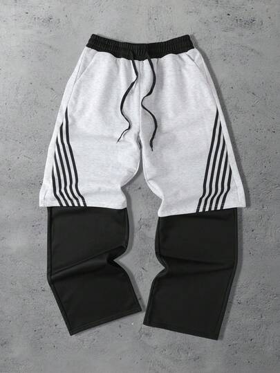 Street Life Pantaloni della tuta casual da uomo con vita con coulisse, tasche e fantasia a patchwork e righe