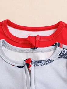 SHEIN Bộ đồ ngủ liền thân dài tay in hình xe cứu hỏa dễ thương cho bé trai, mùa xuân/hè - Đỏ - Xem 7