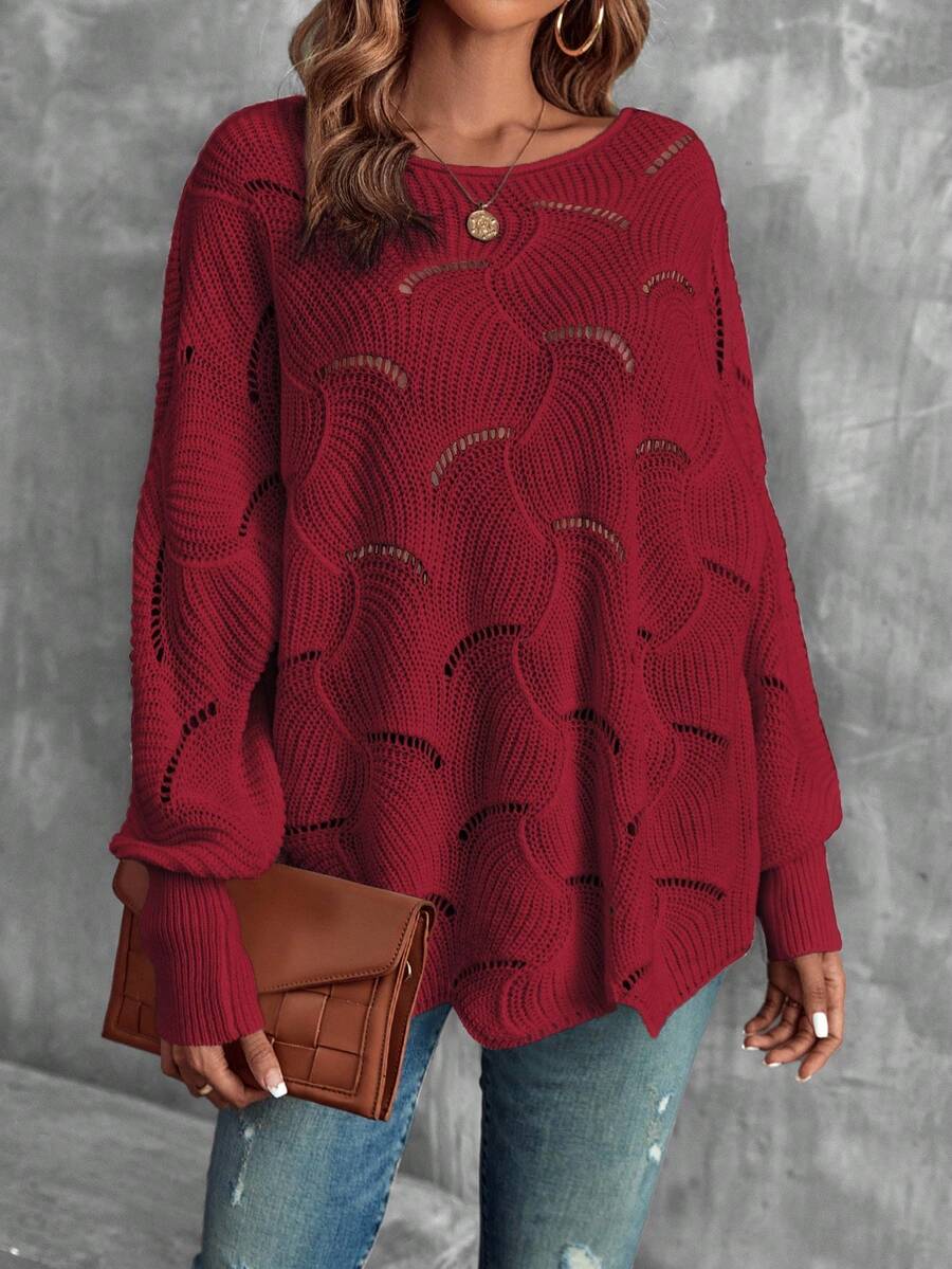 EMERY ROSE Women's Casual Solid Color Round Neck Drop Shoulder Sweater, Autumn/Winter - Burgundy - View 1