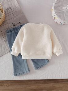 SHEIN 2件套女婴冬季长袖蓬松白色上衣+牛仔裤套装 - 彩色 - 查看 2
