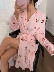 SHEIN Women's Plush Cherry Print Fluffy Hooded Robe, Winter, Fall Winter, Cozy - Pink - View 4