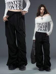 SHEIN Unity Quần ống rộng xếp ly thoải mái, thiết kế mới dành cho nữ, mùa thu/đông Halloween, hàng mới về của Bloopia - màu đen - Xem 1