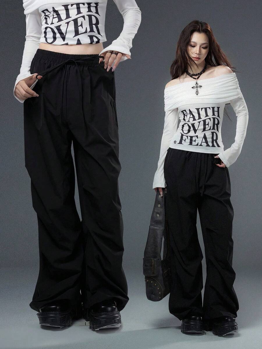 SHEIN Unity Quần ống rộng xếp ly thoải mái, thiết kế mới dành cho nữ, mùa thu/đông Halloween, hàng mới về của Bloopia - màu đen - Xem 1