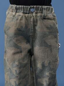 SUMWON Cotton Kids Pull On Camouflage Print Barrel Jeans Relaxed Fit Autumn Winter Denim Pants With New York Logo Print Comfort Waistband Fall - Army Green - View 7