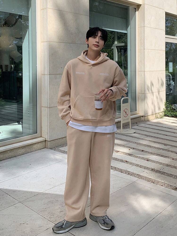 Men's Letter Print Thermal Lined Hoodie Set, Brown, Autumn/Winter