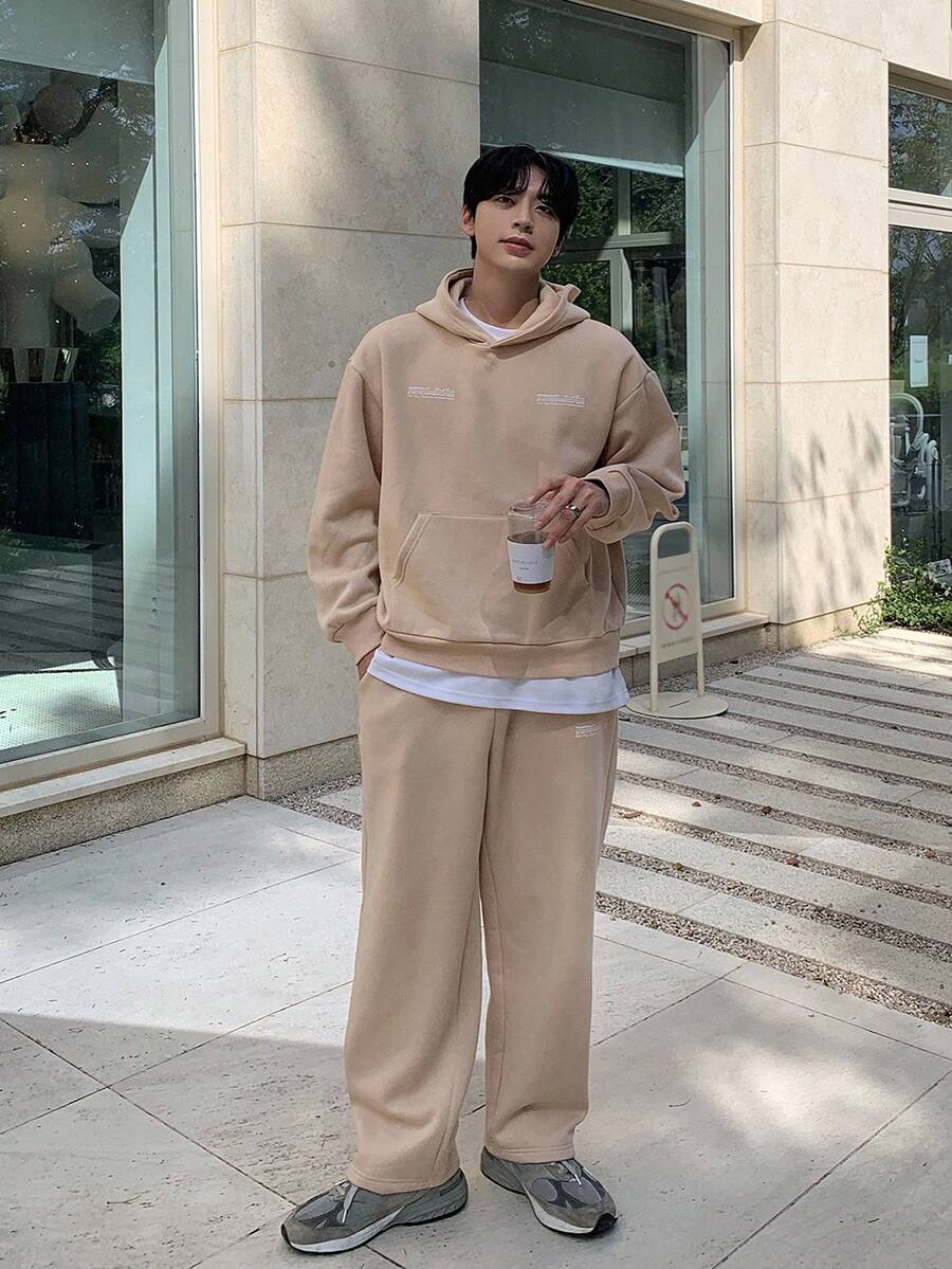 DAZY 男士字母印花保暖内衬连帽衫套装，棕色，秋冬 - 棕色 - 查看 1