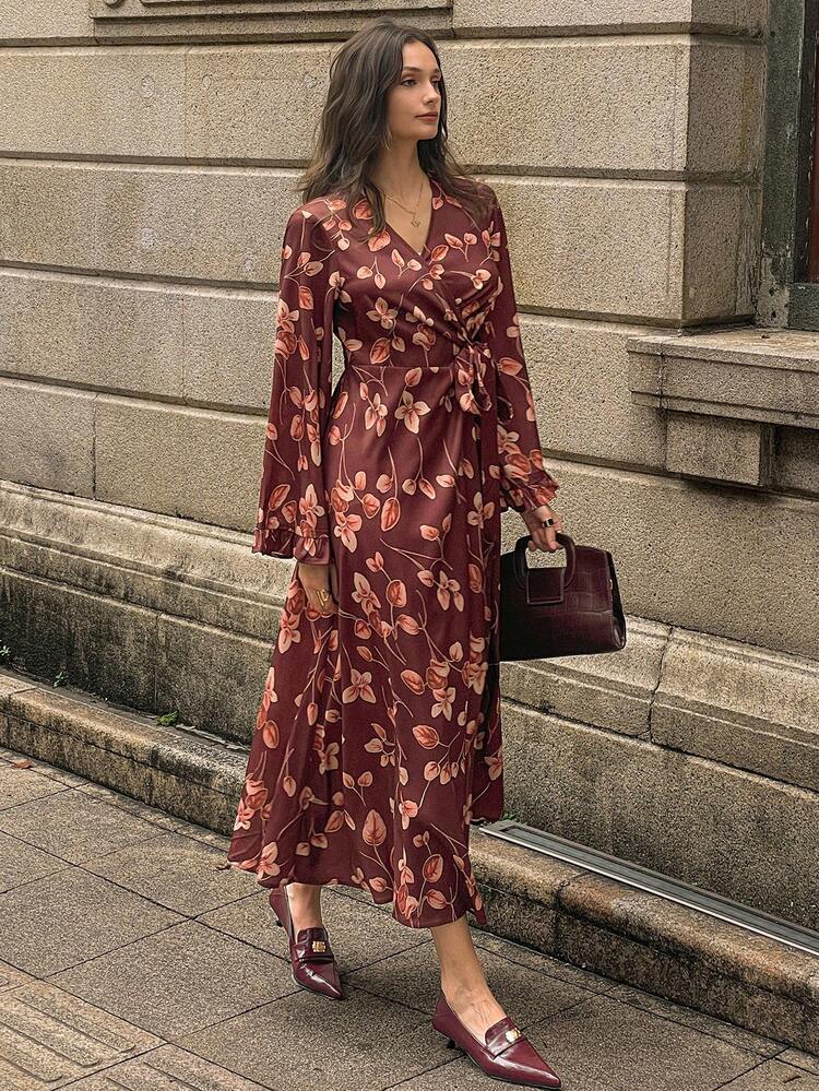 Ditsy Floral Asymmetric Collar Flare Sleeve Casual Elegant Dress For Women, Autumn/Winter Vacation Maxi Dress Boho