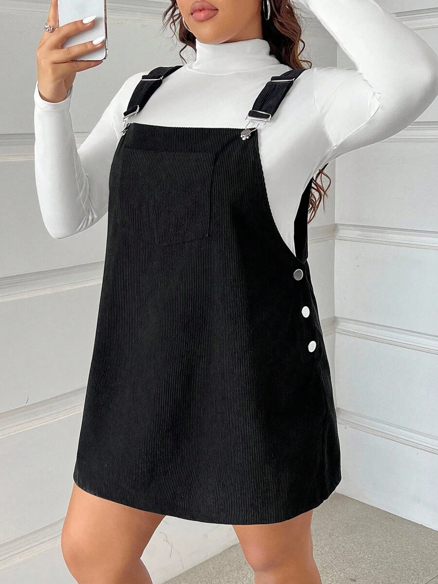 SHEIN EZwear Plus Size Corduroy Overall Dress, Early Autumn - Black - View 1