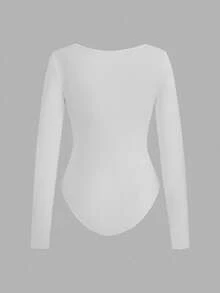 SHEIN EZwear 3pcs Women Square Neck Long Sleeve Tight Fit Bodysuit Set, Black, Navy Blue, White, Suitable For Autumn/Winter,Fall,Black Bodysuit - Multicolor - View 5