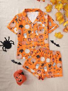 Dream Adore Conjunto de pijama de camisa de manga corta con botones y pantalones cortos con estampado de Halloween para mujer