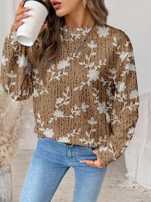 SHEIN LUNE 秋冬女士休闲花卉印花宽松圆领长袖运动衫 - 彩色 - 查看 4