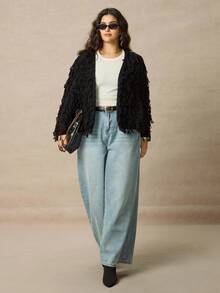 Juhart 大码纯色流苏开衫，适合通勤 - 黑色 - 查看 8