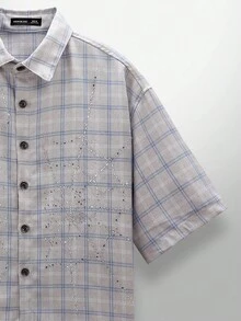 NEON BLANC Men's Street Fashion Woven Rhinestone Spider Web Plaid Short Sleeve Shirt - Grey - View 4