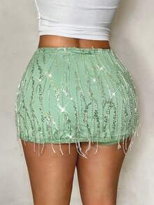 SHEIN SXY 女士时尚流苏亮片迷你裙 - 綠色 - 查看 2