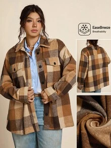 Zelara 大码休闲复古格子棕色西部风秋季外套，返校季西部服饰，女士街头风复古棕色格子纽扣外套，秋冬办公生日时尚冬季商务万圣节圣诞节秋季派对 - 彩色 - 查看 1