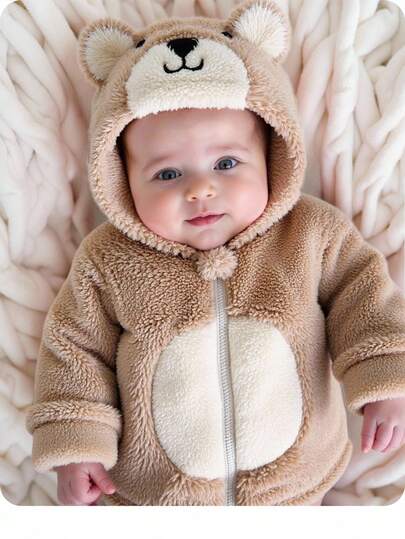 SHEIN Veste zippée en peluche à capuche avec oreilles d'ours 3D pour nouveau-nés avec manches longues