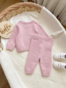 SHEIN Newborn Baby Girl Cute Autumn/Winter Casual Pink Bow Sweater & Elastic Waist Pants 2-Piece Set Fall