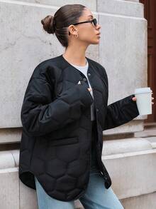 EURMUSE Short Winter Coat With Quilting Details, Two Pockets Button Front Fashionable Padded Coat - Black - View 5