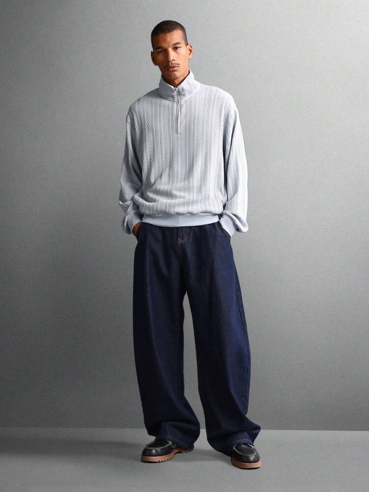 Essential Quarter Zip Funnel Neck Textured Sweatshirt With Ribbed Pattern