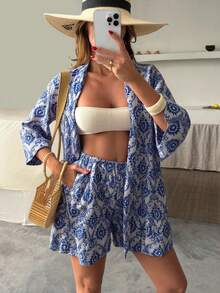 EURMUSE Bộ đồ kimono tay 3/4 họa tiết hoa và quần short thoải mái, rộng rãi cho kỳ nghỉ của phụ nữ - Nhiều màu - Xem 4