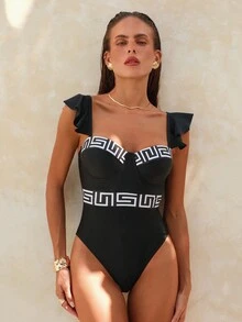 Swim Chiccia Summer Beach Holiday Themed Printed Ruffle Trim One-Piece Swimsuit