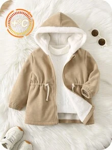 SHEIN Abrigo acolchado con capucha de manga larga para bebé/niño pequeño, chaqueta de invierno de forro polar grueso, diseño cómodo, casual, diario, elegante y minimalista, adecuado para interior, exterior, diario, deportes, juego, fiesta, sesión de fotos, festival, Halloween, Navidad, Año Nuevo - Albaricoque - Ver 3