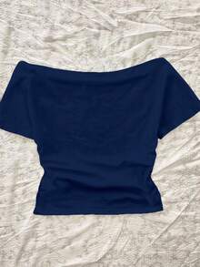 Attitoon Áo thun nữ tay ngắn ôm sát, hở vai, họa tiết ô tô và chữ cổ điển, phù hợp cho mùa hè - Màu xanh hải quân - Xem 2