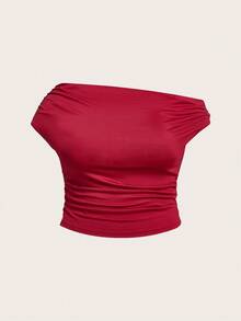 Sweetra Camiseta de manga corta con hombros descubiertos de unicolor para mujer de talla grande, top casual ajustado y sexy para el verano con hombros descubiertos - Multicolor - Ver 5