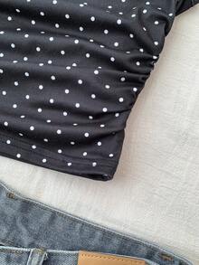Teen Girls' Black Knit Casual Minimalist Polka Dot Print Asymmetric Ruched Cropped Top, Suitable For Spring/Summer, Casual, Personalized Styling, Daily Wear One Shoulder Crop Top Polka Dot Crop Top Black Crop Top Cute Tube Top Polka Dot Top Black Tube Top Cute Tube Tops Cute Crop Top - Black - View 4