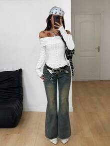 Coolane Damen Winter/Herbst Streetwear Vintage Y2K Date Night Lässig Offene Strick Spitze Dehnbar Komfortabel Weiß Off-Shoulder Langarm Tops