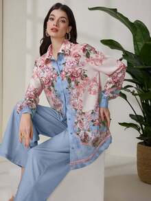 Seusyu 2pcs Women Vintage Flower Print Blouse And Pants Set - Blue - View 1