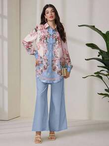 Seusyu 2pcs Women Vintage Flower Print Blouse And Pants Set - Blue - View 2
